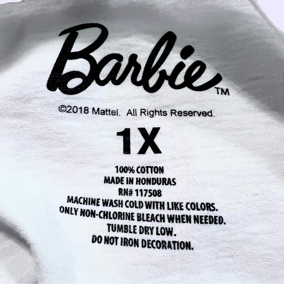 Barbie Mattel Creations NWOT Women Long Sleeve Cropped Top Sz 1X White Pink Logo - Picture 6 of 6
